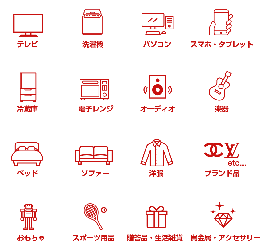 テレビ、洗濯機、パソコン、スマホ・タブレット、冷蔵庫、電子レンジ、オーディオ、楽器、ベッド、ソファー、洋服、ブランド品、おもちゃ、スポーツ用品、贈答品・生活雑貨、貴金属・アクセサリー